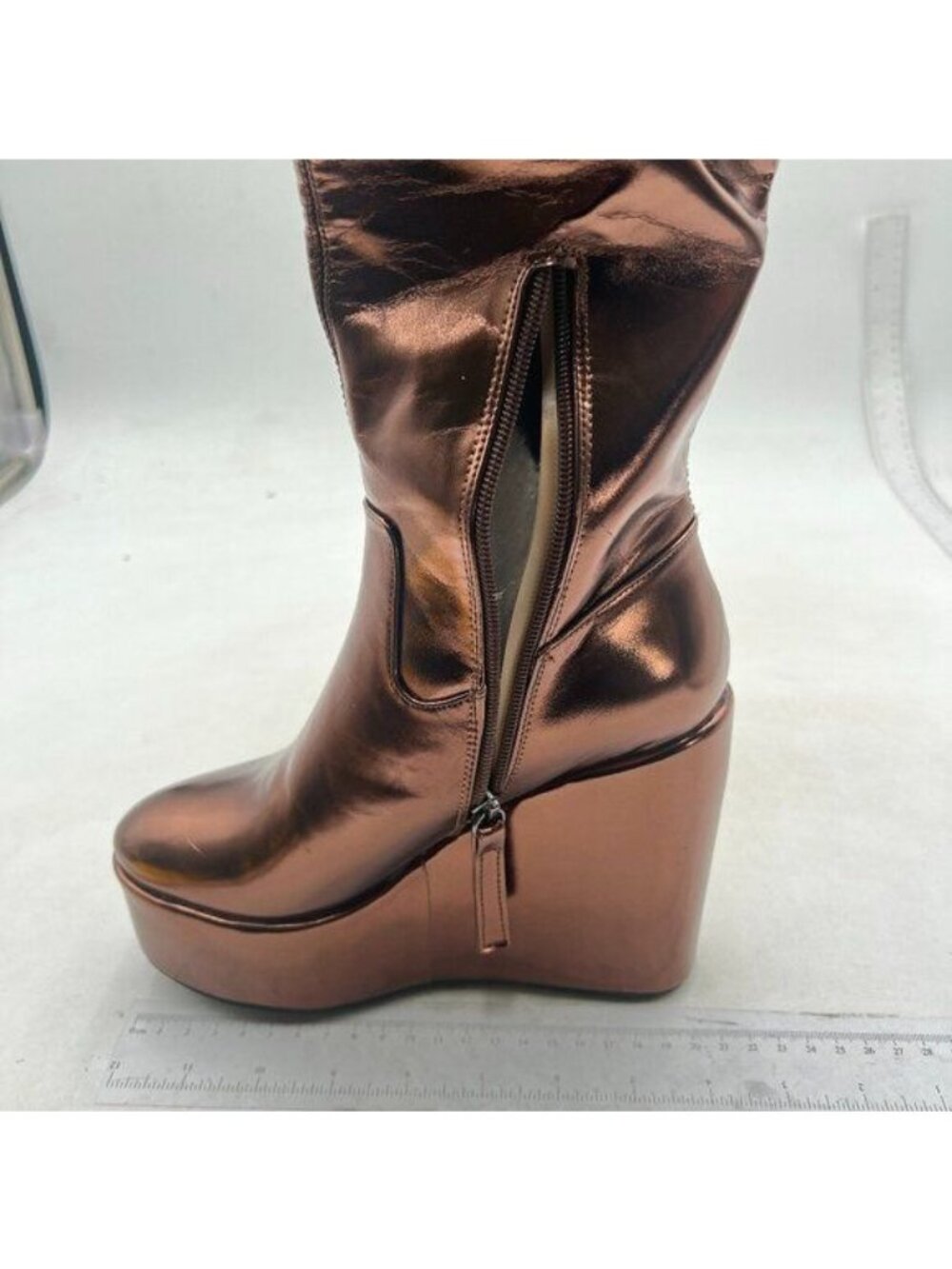 Women Platform Side Zipper Wedge High Heel Point Toe Fancy Pull On Ladies Brown